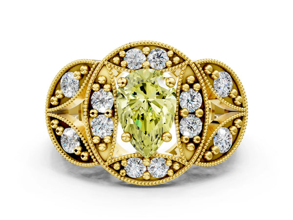 Yellow gold Fancy Yellow Pear Cut Halo Milgrain Diamond Engagement Ring with Leaf Band and Four-Prong Setting