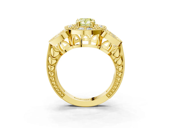 Yellow gold Fancy Yellow Pear Cut Halo Milgrain Diamond Engagement Ring with Leaf Band and Four-Prong Setting
