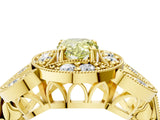 Yellow gold Fancy Yellow Pear Cut Halo Milgrain Diamond Engagement Ring with Leaf Band and Four-Prong Setting_4