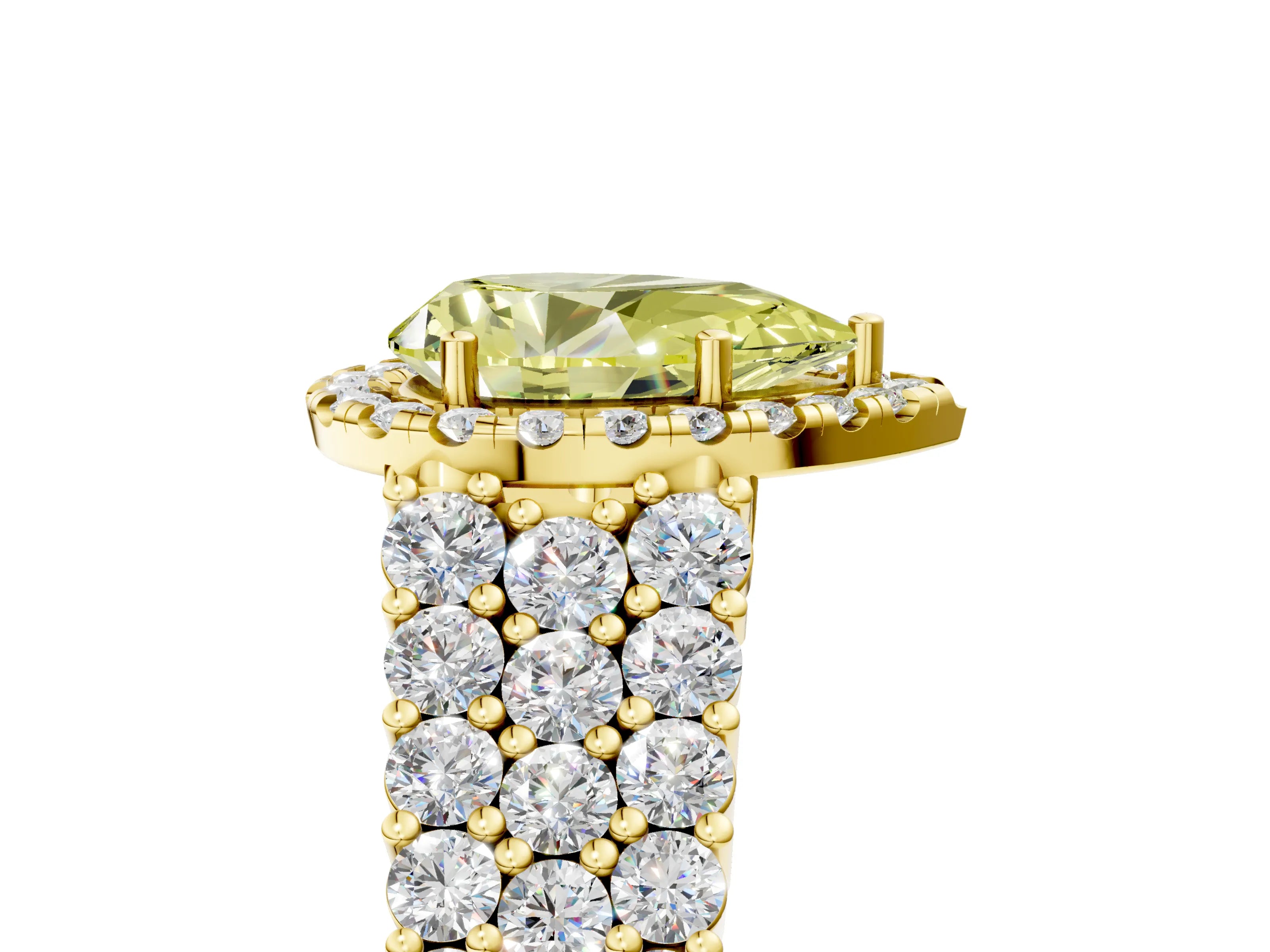 Yellow gold Fancy Yellow Pear Cut Halo Pavé Diamond Engagement Ring with Split Shank and Four-Prong Setting_8