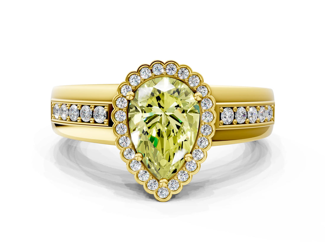 Yellow gold Fancy Yellow Pear  Cut Halo Pave Band Four-Prong Ring_49