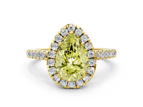 Yellow gold Fancy Yellow Pear Cut Halo Pave Diamond Engagement Ring with Four-Prong Setting