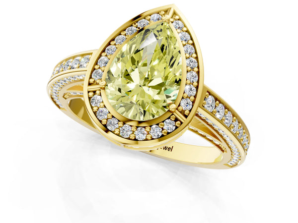 Yellow gold Fancy Yellow Pear  Cut Halo Pave Split Shank Prong Setting Ring