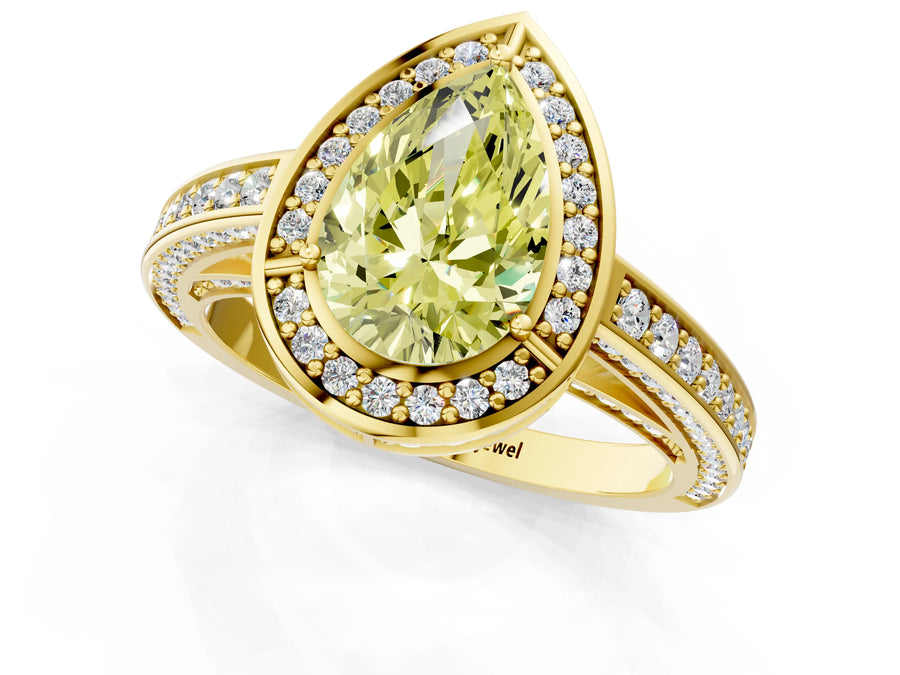 Yellow gold Fancy Yellow Pear  Cut Halo Pave Split Shank Prong Setting Ring