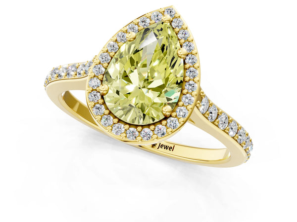 Yellow gold Fancy Yellow Pear Cut Halo Round Diamond Pavé Band with Four-Prong Setting