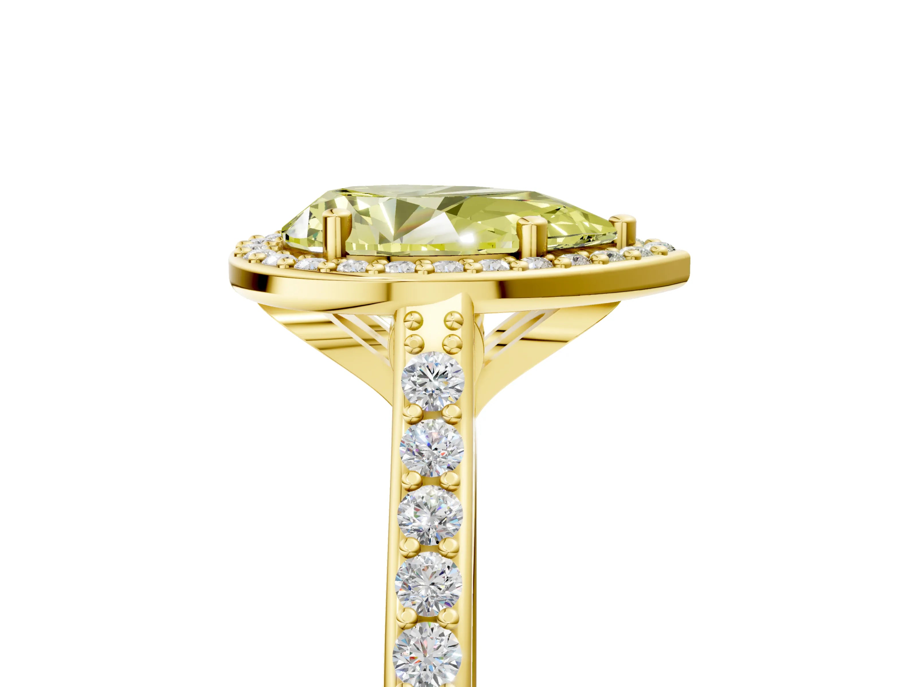 Yellow gold Fancy Yellow Pear Cut Halo Round Diamond Pavé Band with Four-Prong Setting_8
