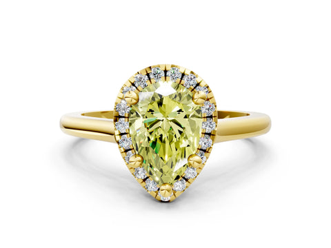 Yellow gold Fancy Yellow Pear Cut Halo Round Diamond Solitaire Engagement Ring with Pave Band and Four-Prong Setting_12