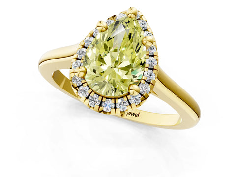 Yellow gold Fancy Yellow Pear Cut Halo Round Diamond Solitaire Engagement Ring with Pave Band and Four-Prong Setting_13
