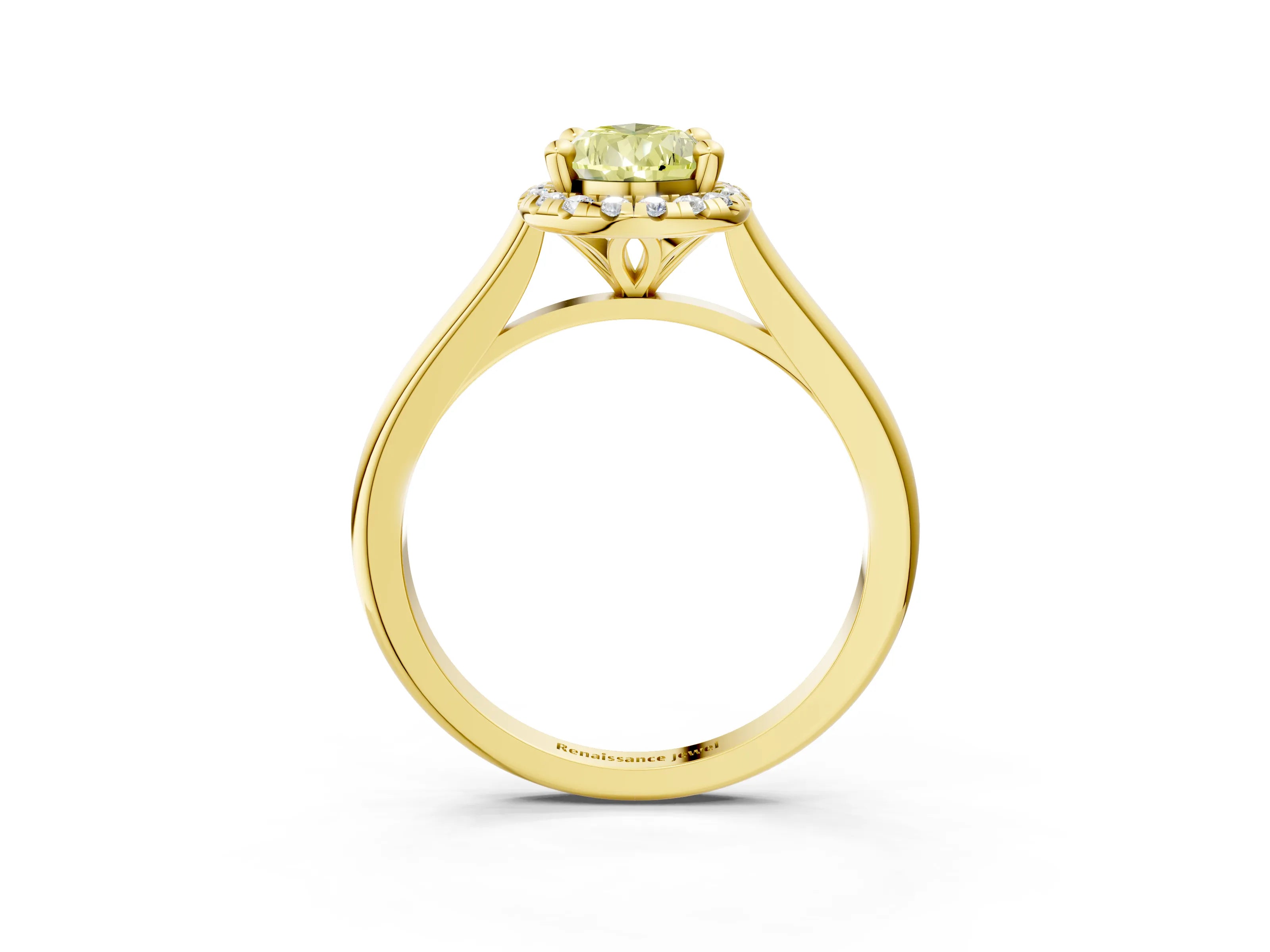 Yellow gold Fancy Yellow Pear Cut Halo Round Diamond Solitaire Engagement Ring with Pave Band and Four-Prong Setting_15