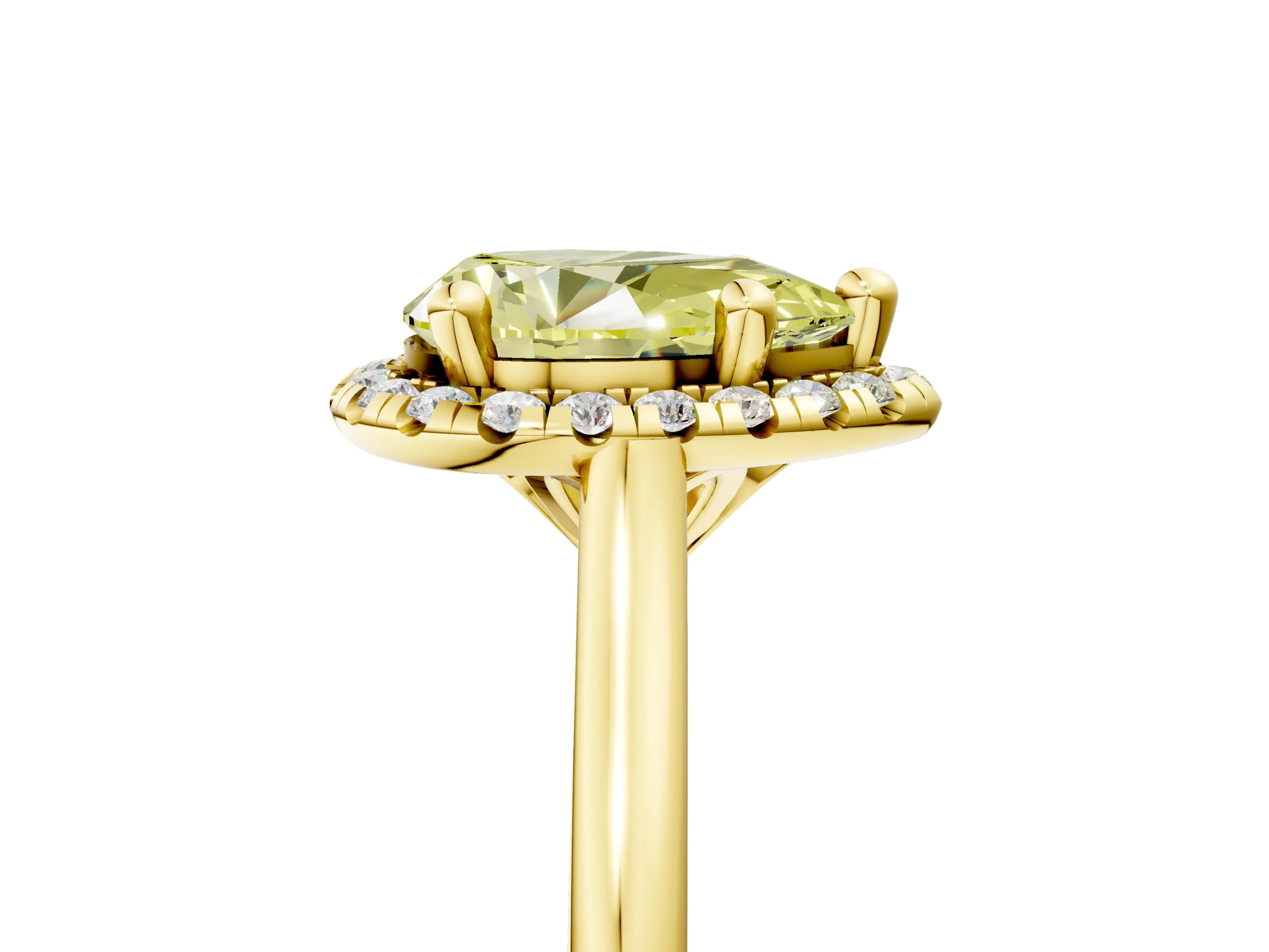 Yellow gold Fancy Yellow Pear Cut Halo Round Diamond Solitaire Engagement Ring with Pave Band and Four-Prong Setting_17