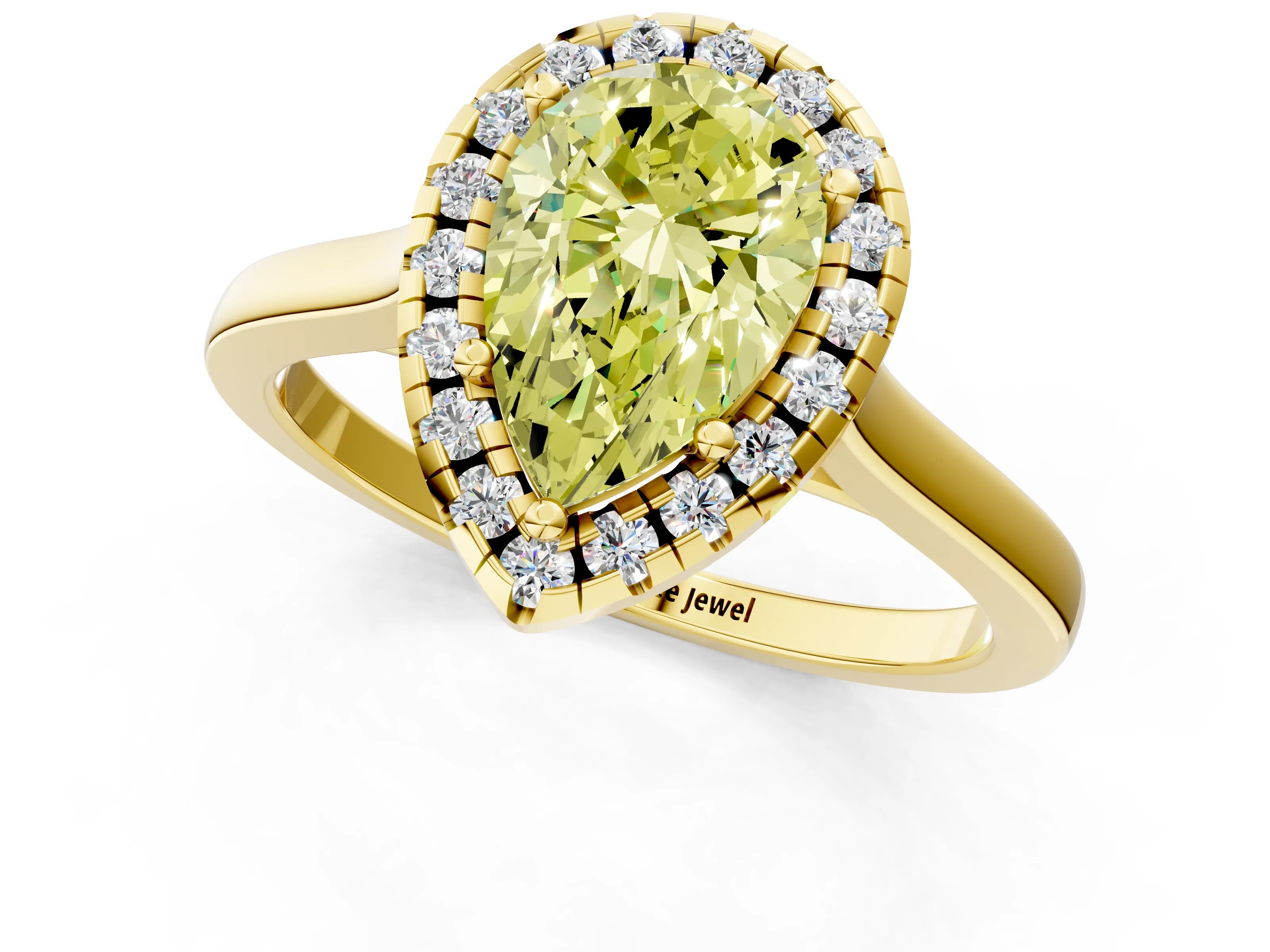 Yellow gold Fancy Yellow Pear Cut Halo Round Diamond Solitaire Ring with Pavé Band and Four-Prong Setting_25