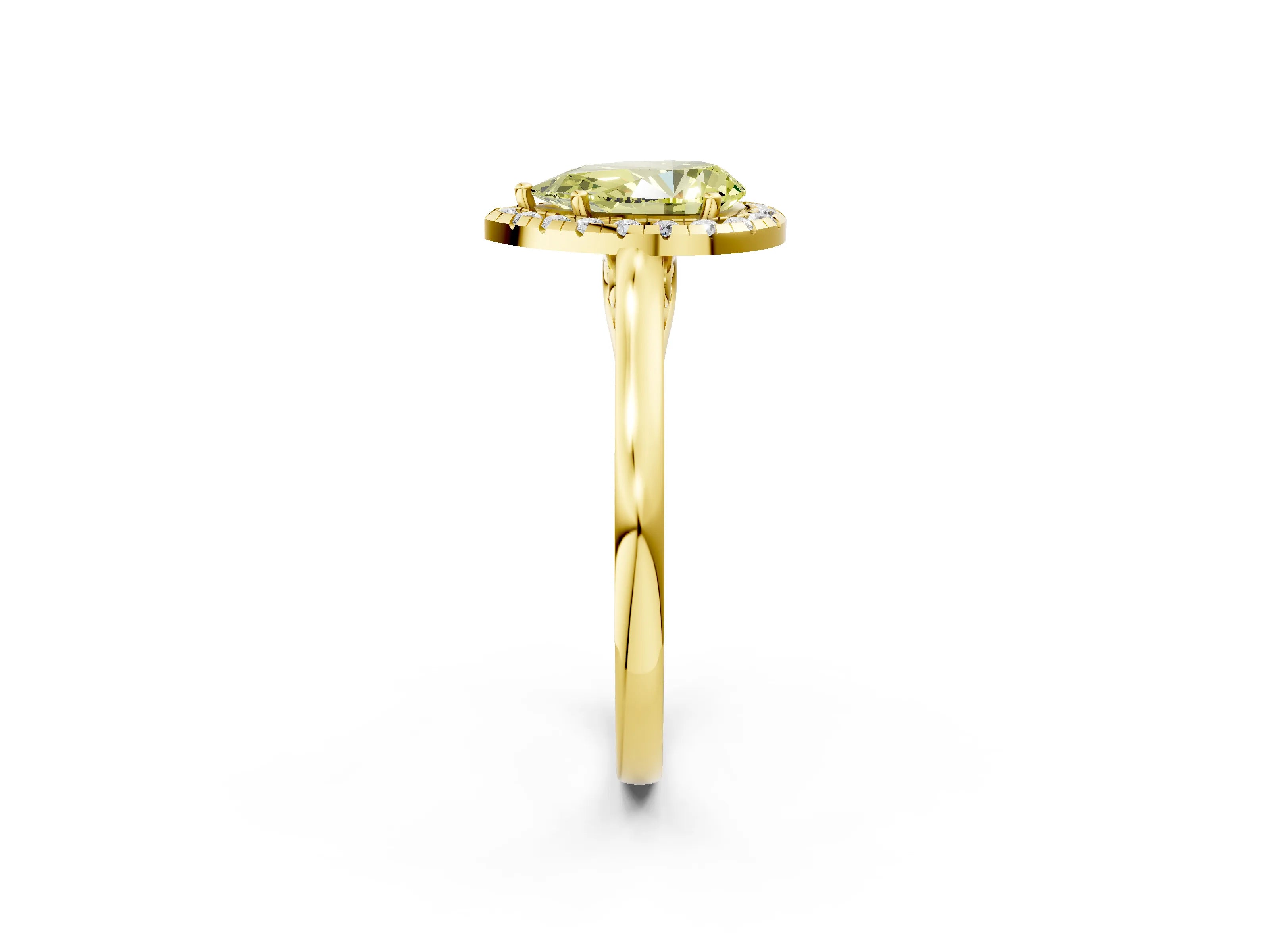 Yellow gold Fancy Yellow Pear Cut Halo Round Diamond Solitaire Ring with Pavé Band and Four-Prong Setting_26