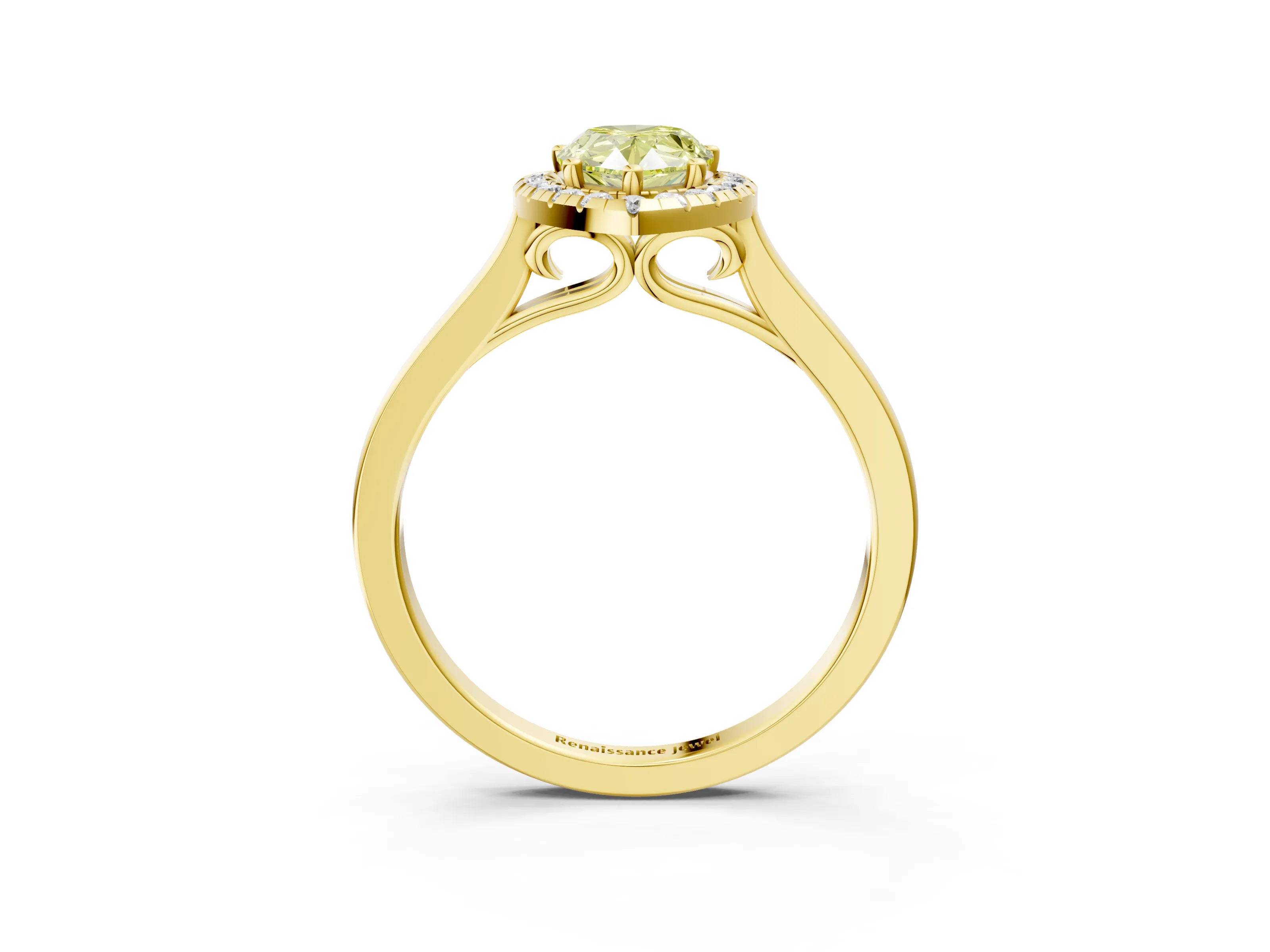 Yellow gold Fancy Yellow Pear Cut Halo Round Diamond Solitaire Ring with Pavé Band and Four-Prong Setting_27