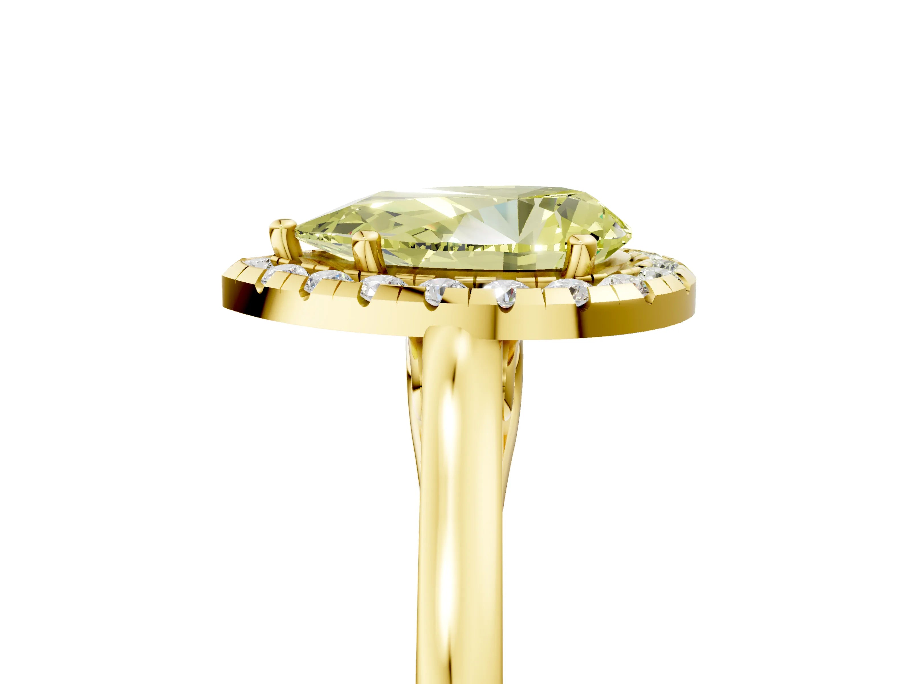 Yellow gold Fancy Yellow Pear Cut Halo Round Diamond Solitaire Ring with Pavé Band and Four-Prong Setting_29