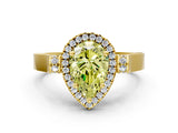Yellow gold Fancy Yellow Pear Cut Halo Round Diamond Twist Band with Four-Prong Setting
