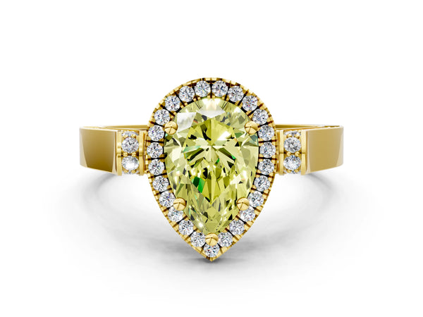 Yellow gold Fancy Yellow Pear Cut Halo Round Diamond Twist Band with Four-Prong Setting