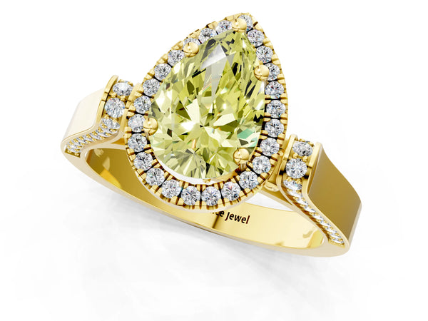 Yellow gold Fancy Yellow Pear Cut Halo Round Diamond Twist Band with Four-Prong Setting