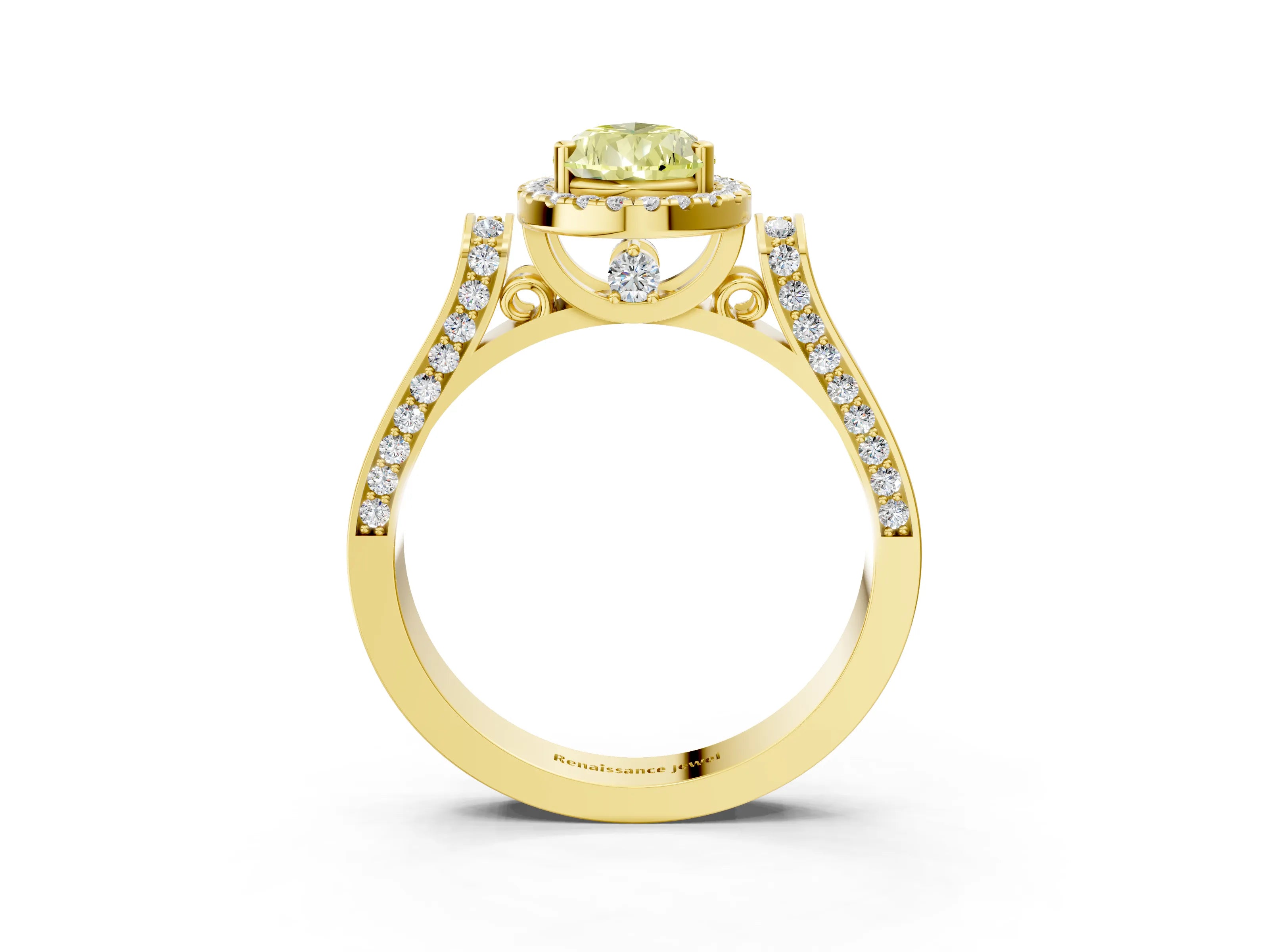 Yellow gold Fancy Yellow Pear Cut Halo Round Diamond Twist Band with Four-Prong Setting_3