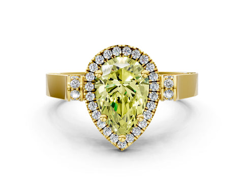 Yellow gold Fancy Yellow Pear Cut Halo Round Diamond Twist Band with Four-Prong Setting