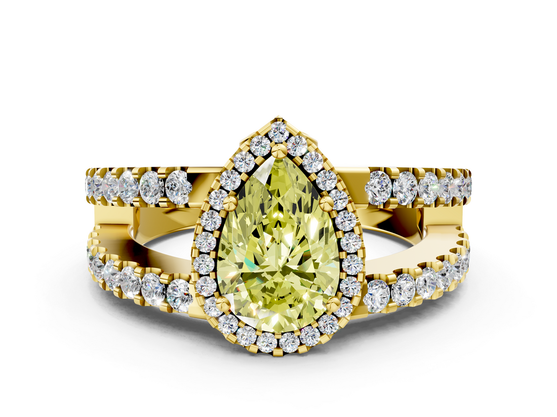 Yellow gold Fancy Yellow Pear  Cut Halo Split Shank Diamond Ring with Four-Prong Setting_45