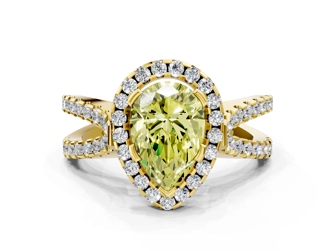 Yellow gold Fancy Yellow Pear  Cut Halo Split Shank Pave Set Ring_60