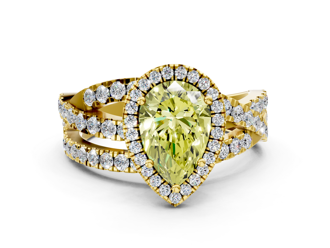 Yellow gold Fancy Yellow Pear  Cut Halo Split Shank Prong Setting Ring_57