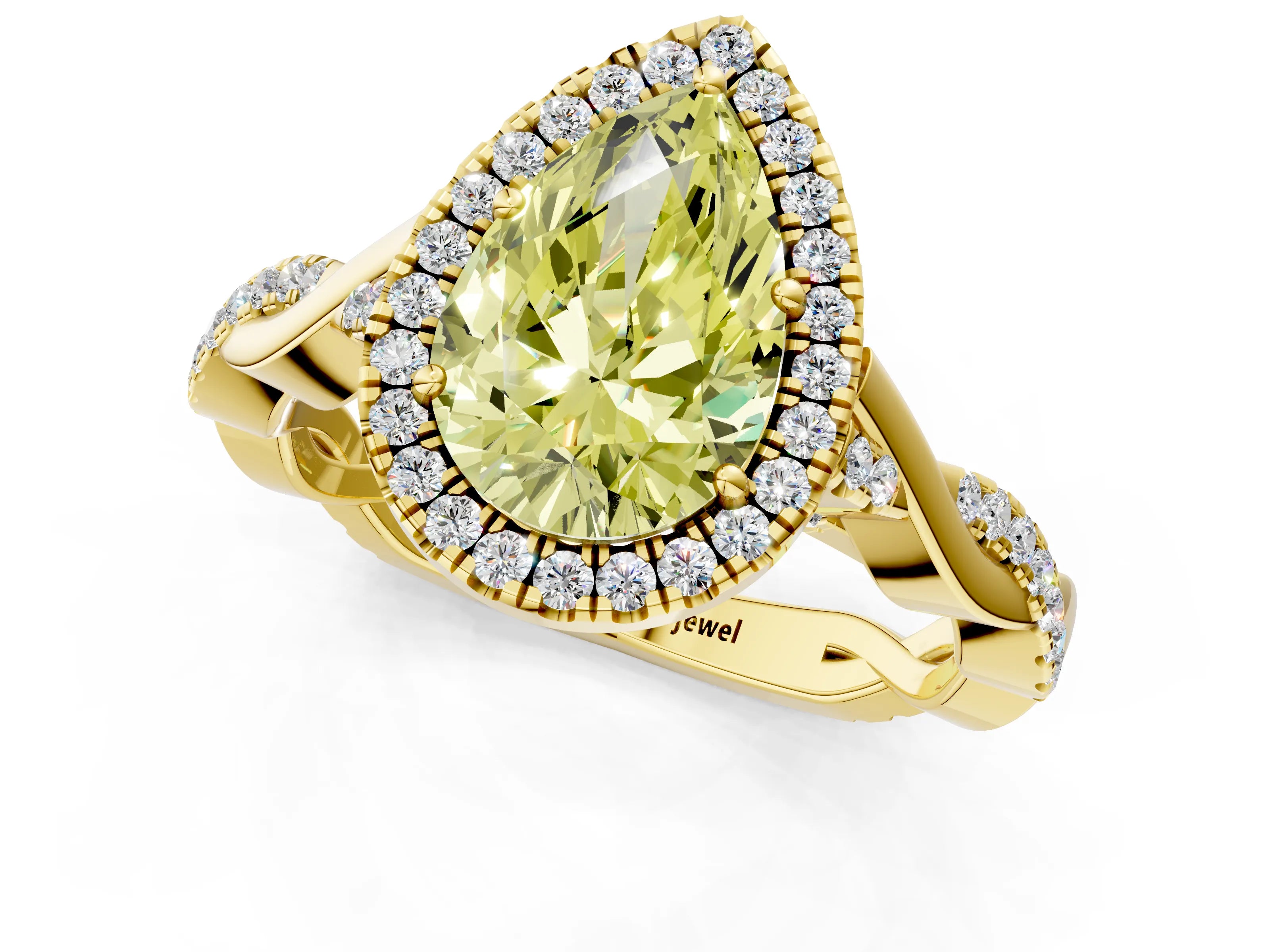 Yellow gold Fancy Yellow Pear Cut Halo Twist Band with Four-Prong Setting_1