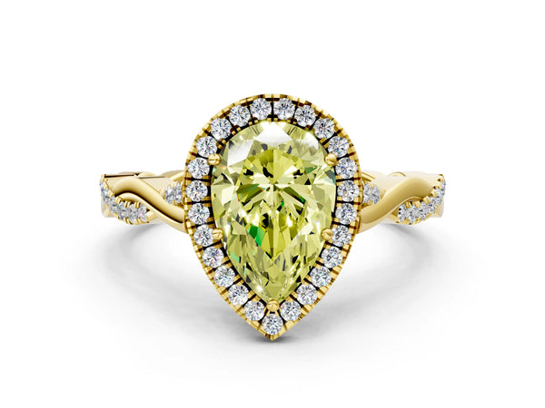Yellow gold Fancy Yellow Pear Cut Halo Twist Band with Four-Prong Setting