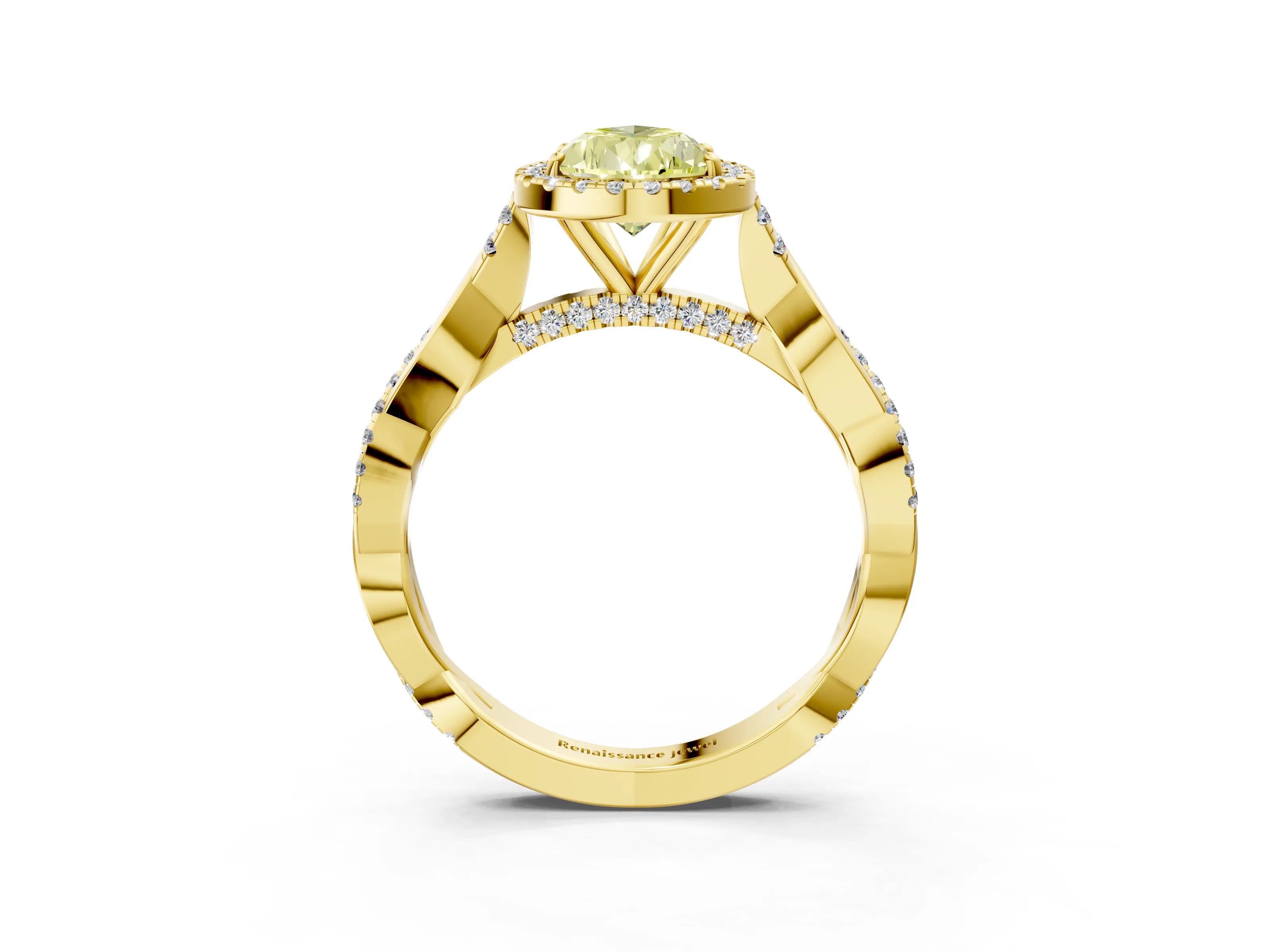 Yellow gold Fancy Yellow Pear Cut Halo Twist Band with Four-Prong Setting_3