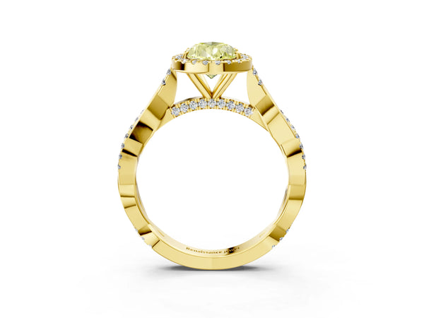 Yellow gold Fancy Yellow Pear Cut Halo Twist Band with Four-Prong Setting