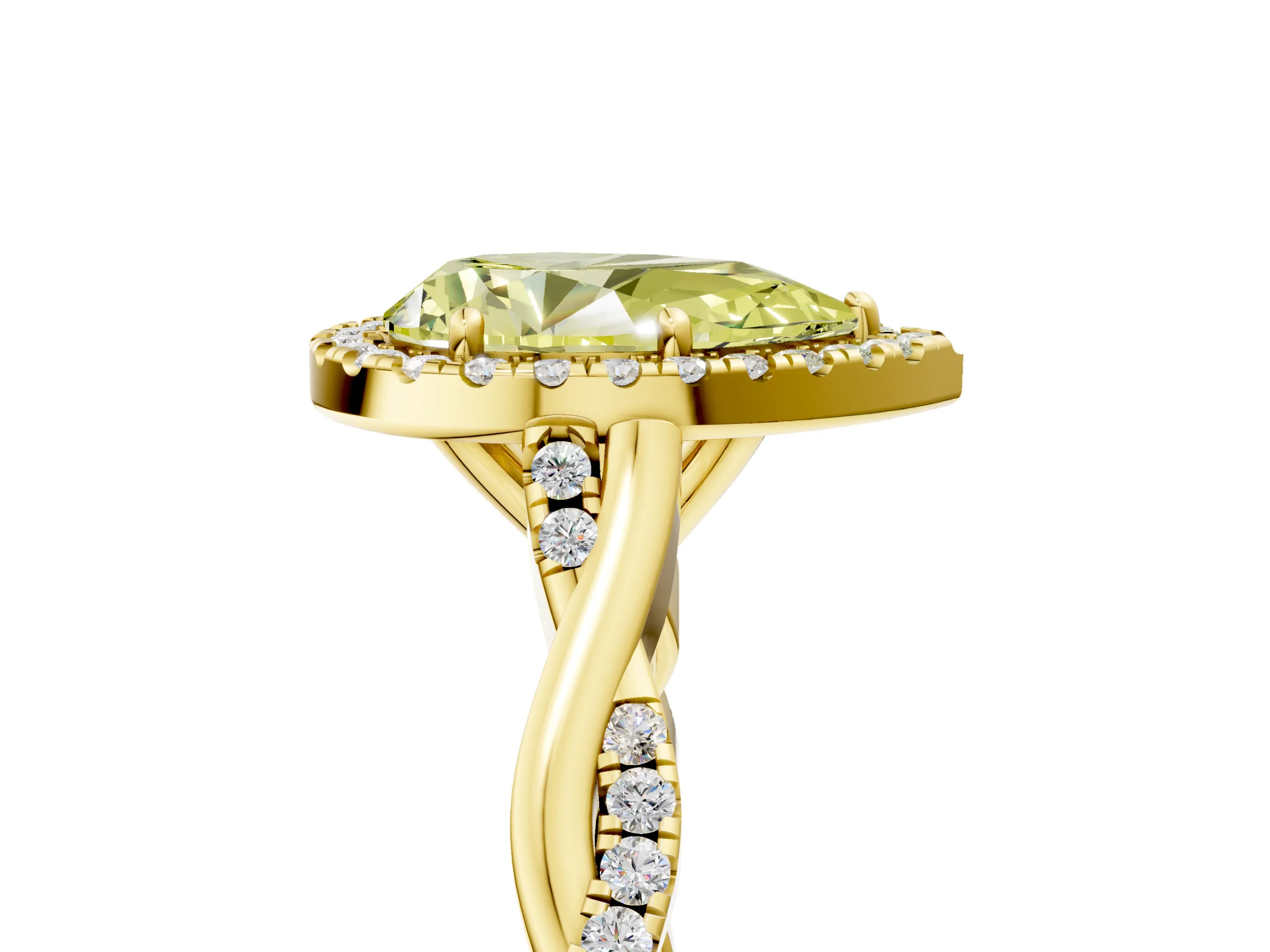 Yellow gold Fancy Yellow Pear Cut Halo Twist Band with Four-Prong Setting_5