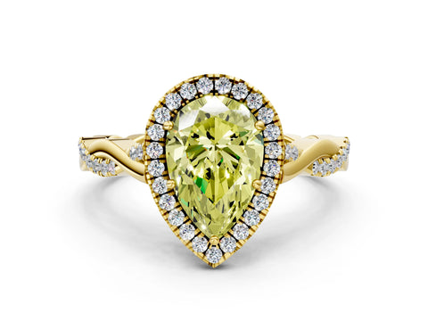 Yellow gold Fancy Yellow Pear Cut Halo Twist Band with Four-Prong Setting