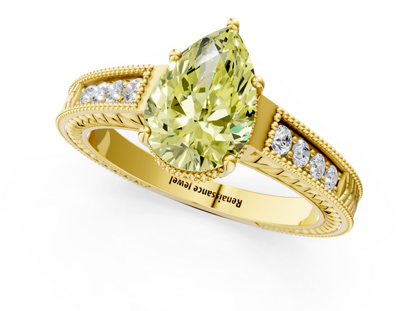 Yellow gold Fancy Yellow Pear Cut Diamond Engagement Ring with Milgrain Channel Set Band and Prong Setting