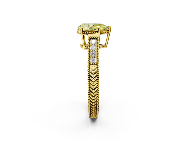 Yellow gold Fancy Yellow Pear Cut Diamond Engagement Ring with Milgrain Channel Set Band and Prong Setting