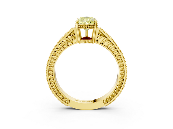 Yellow gold Fancy Yellow Pear Cut Diamond Engagement Ring with Milgrain Channel Set Band and Prong Setting