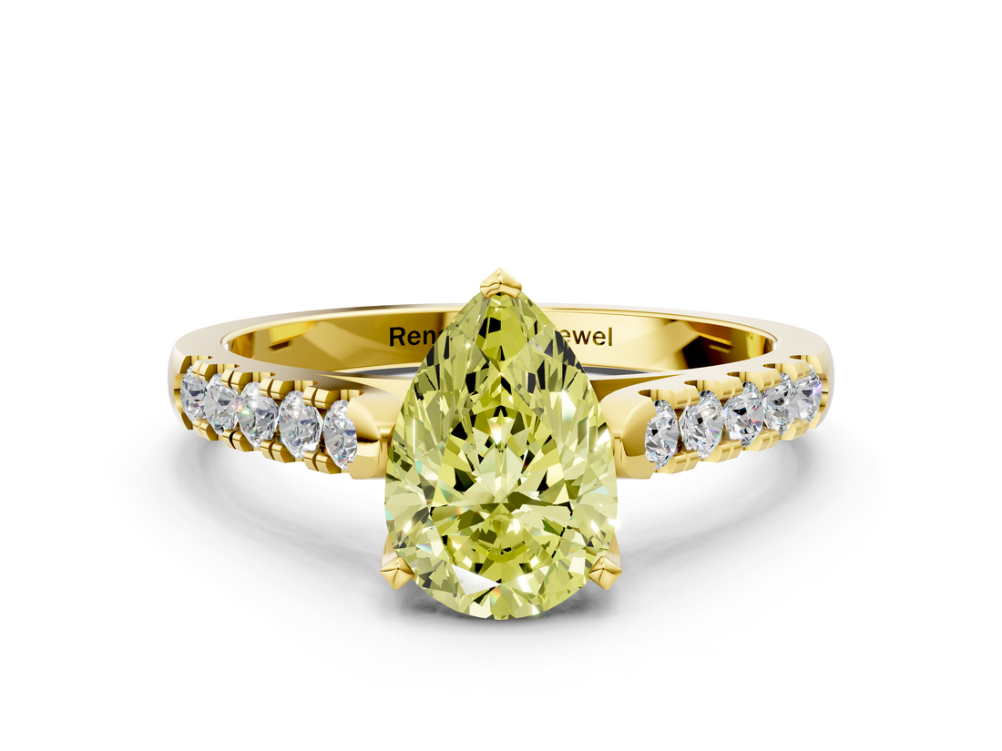 Yellow gold Fancy Yellow Pear  Cut Pavé Band Solitaire Ring with Four-Prong Setting_25