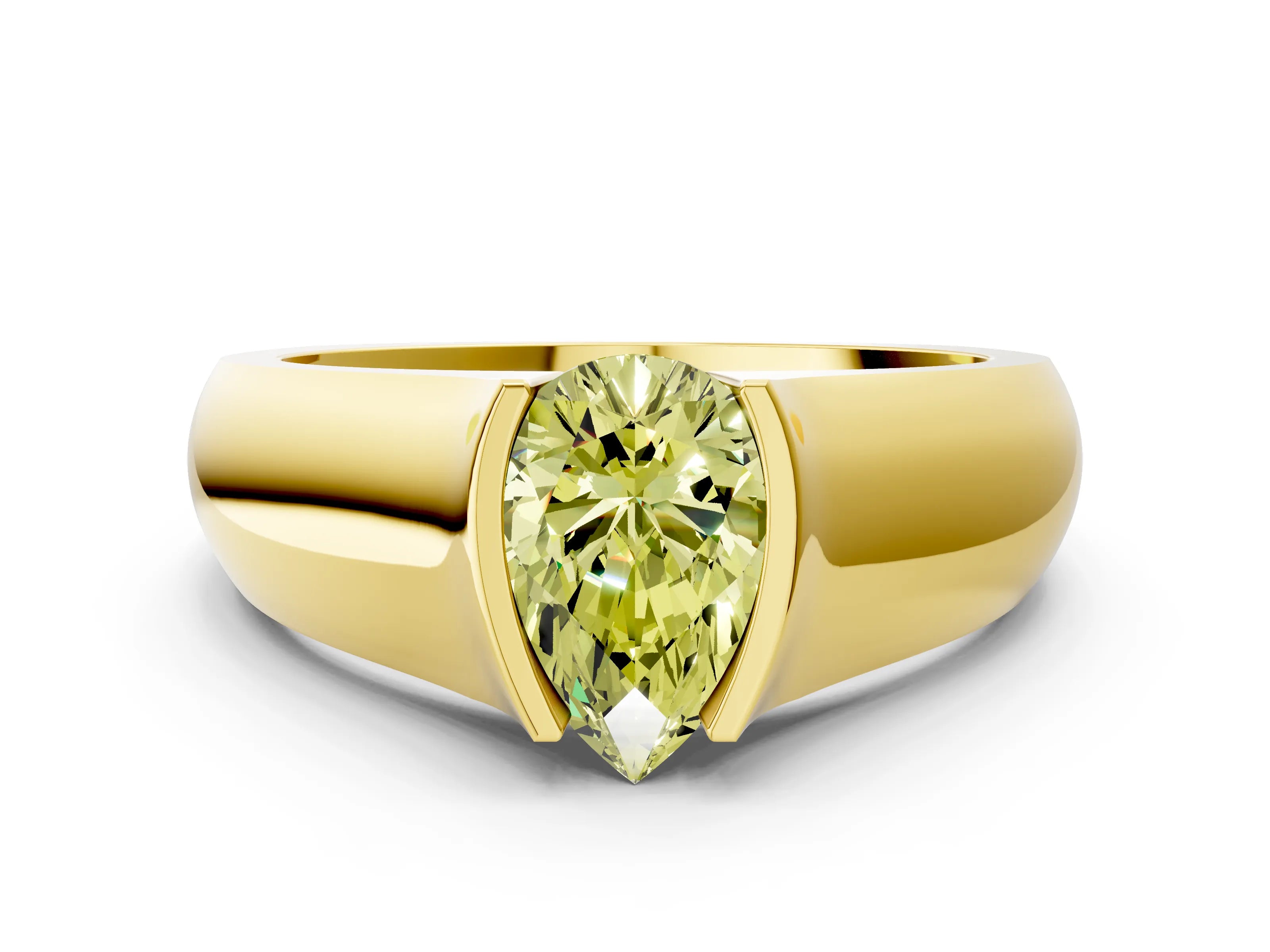 Yellow gold Fancy Yellow Pear Cut Solitaire Bezel Set Diamond Ring with Wide Band