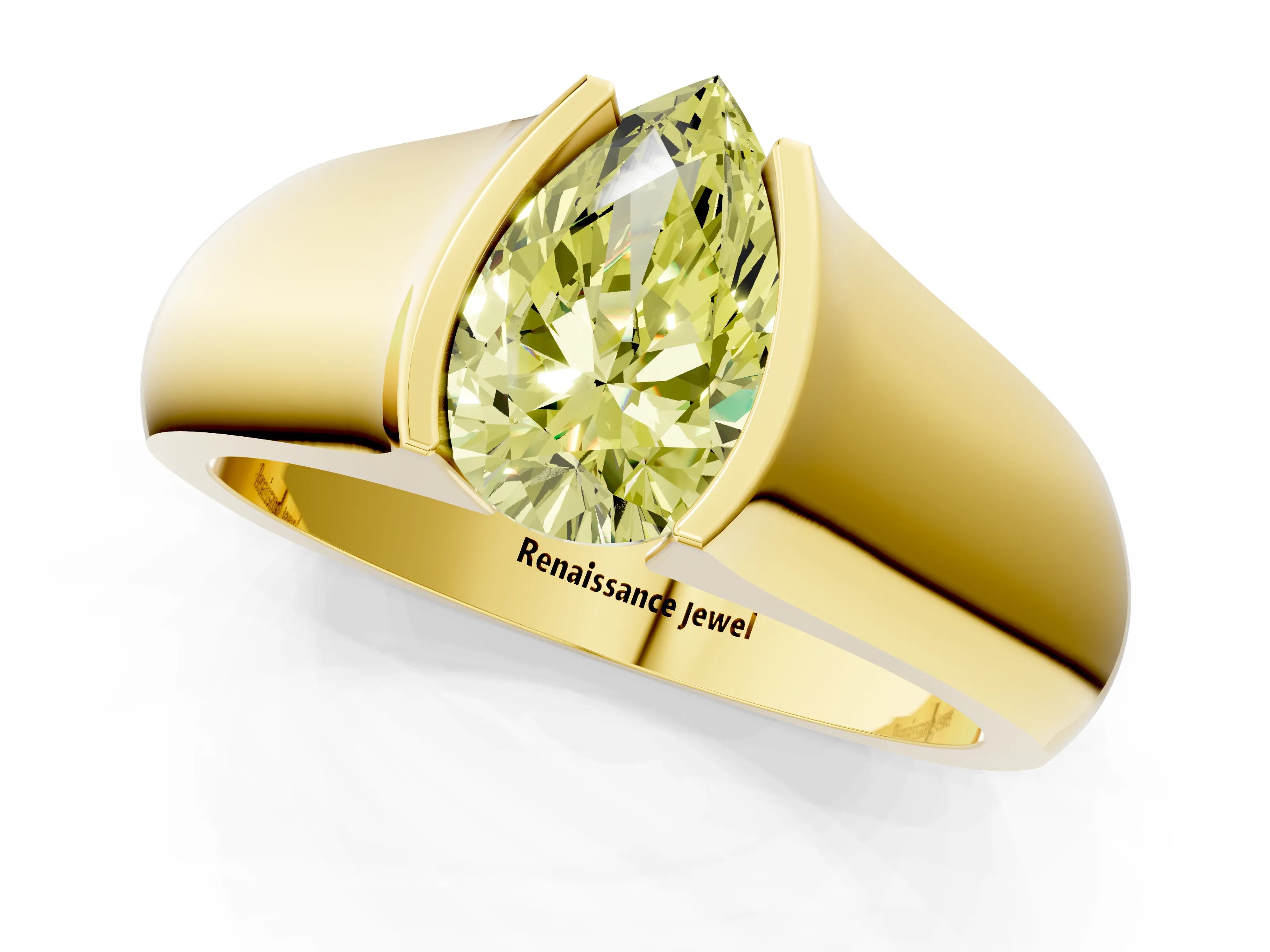 Yellow gold Fancy Yellow Pear Cut Solitaire Bezel Set Diamond Ring with Wide Band_1