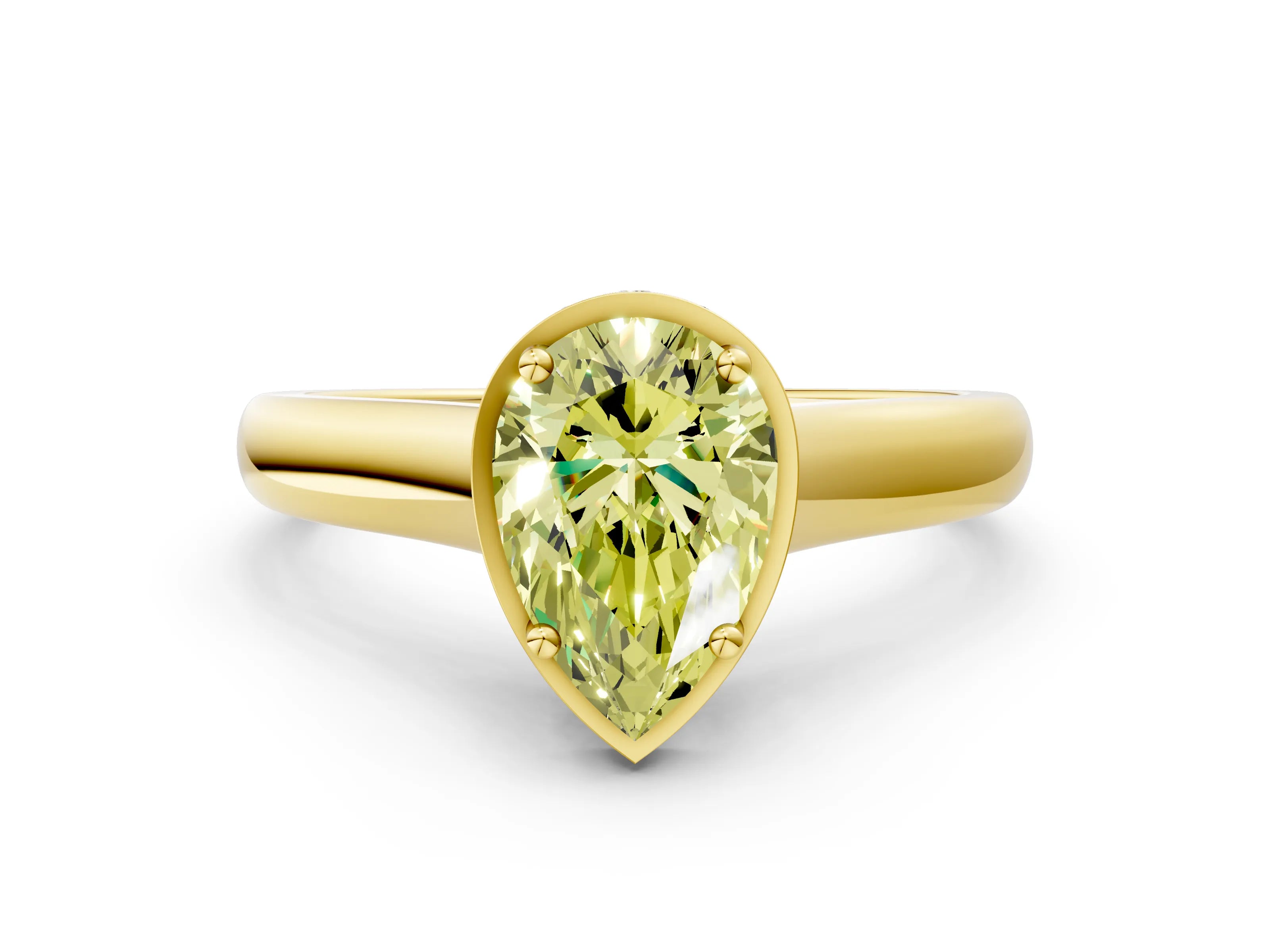 Yellow gold Fancy Yellow Pear Cut Solitaire Diamond Engagement Ring with Four-Prong Setting and Tapered Band