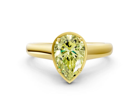 Yellow gold Fancy Yellow Pear Cut Solitaire Diamond Engagement Ring with Four-Prong Setting and Tapered Band