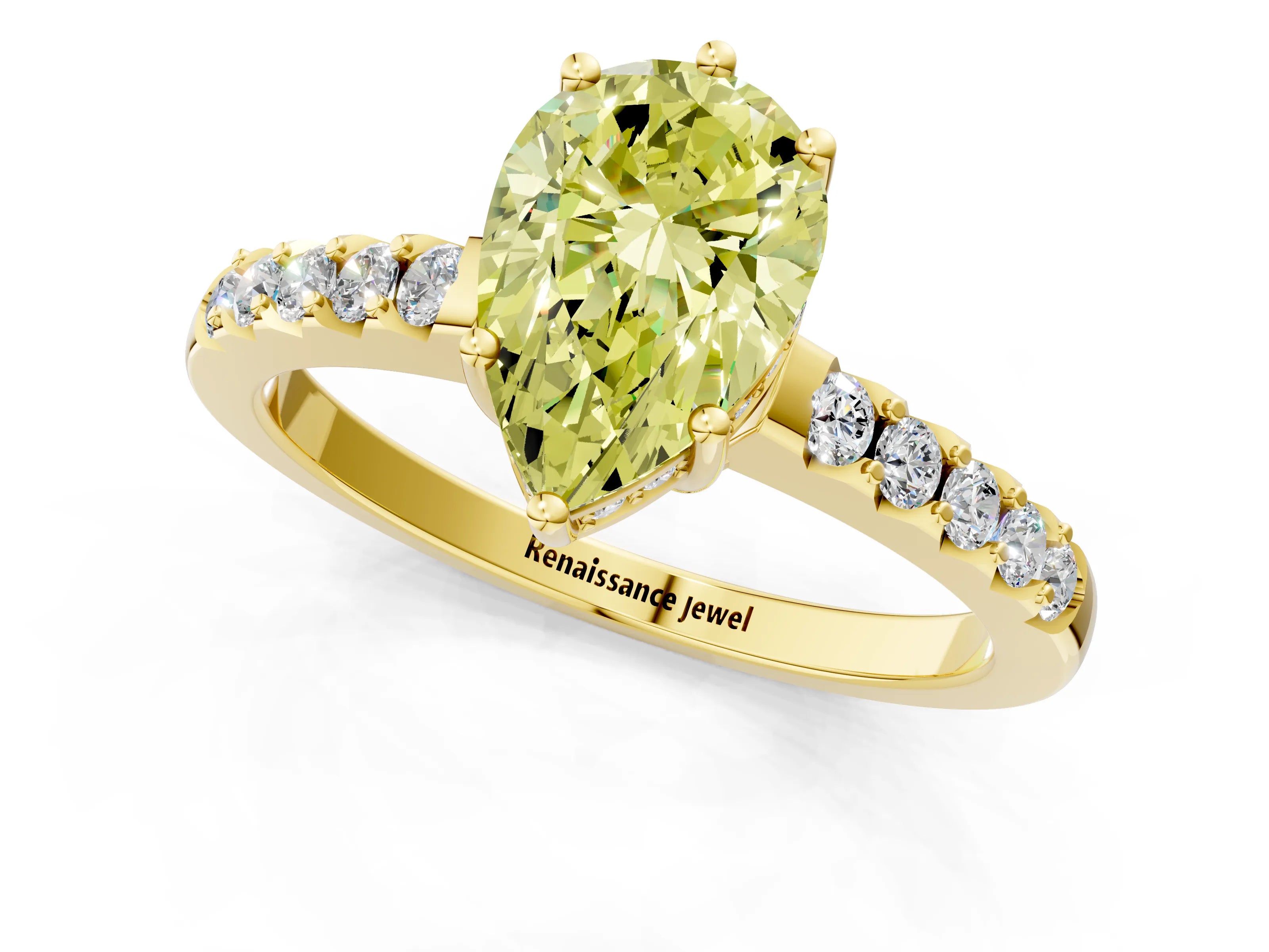 Yellow gold Fancy Yellow Pear Cut Solitaire Diamond Engagement Ring with Pavé Band and Six-Prong Setting_13