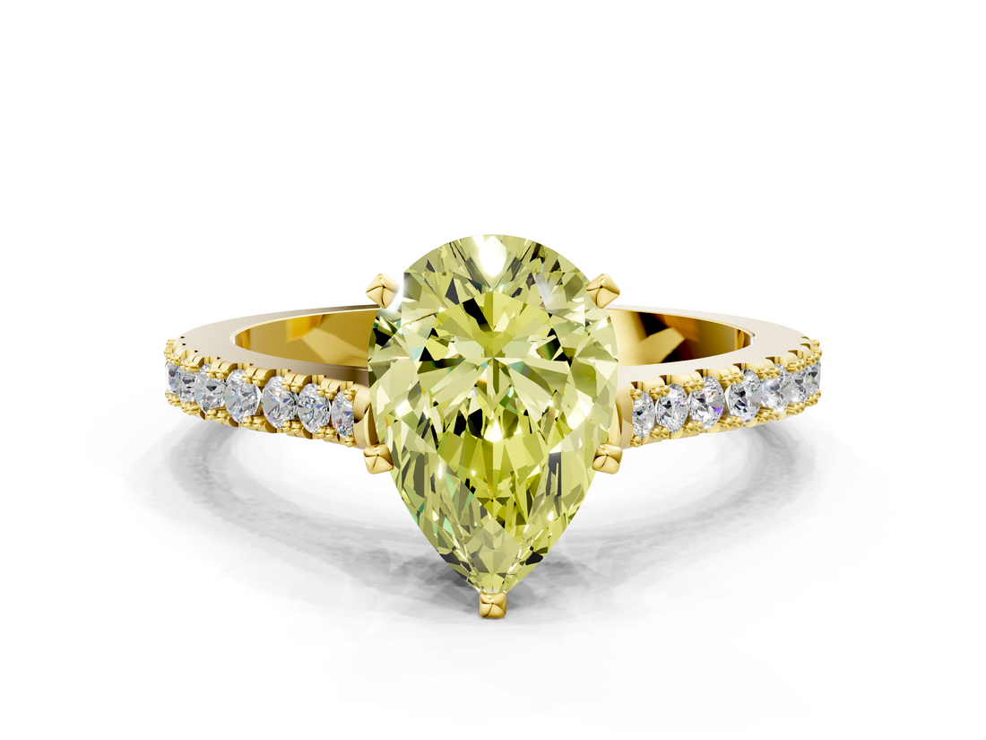 Yellow gold Fancy Yellow Pear  Cut Solitaire Diamond Engagement Ring with Pave Band and Four-Prong Setting_147