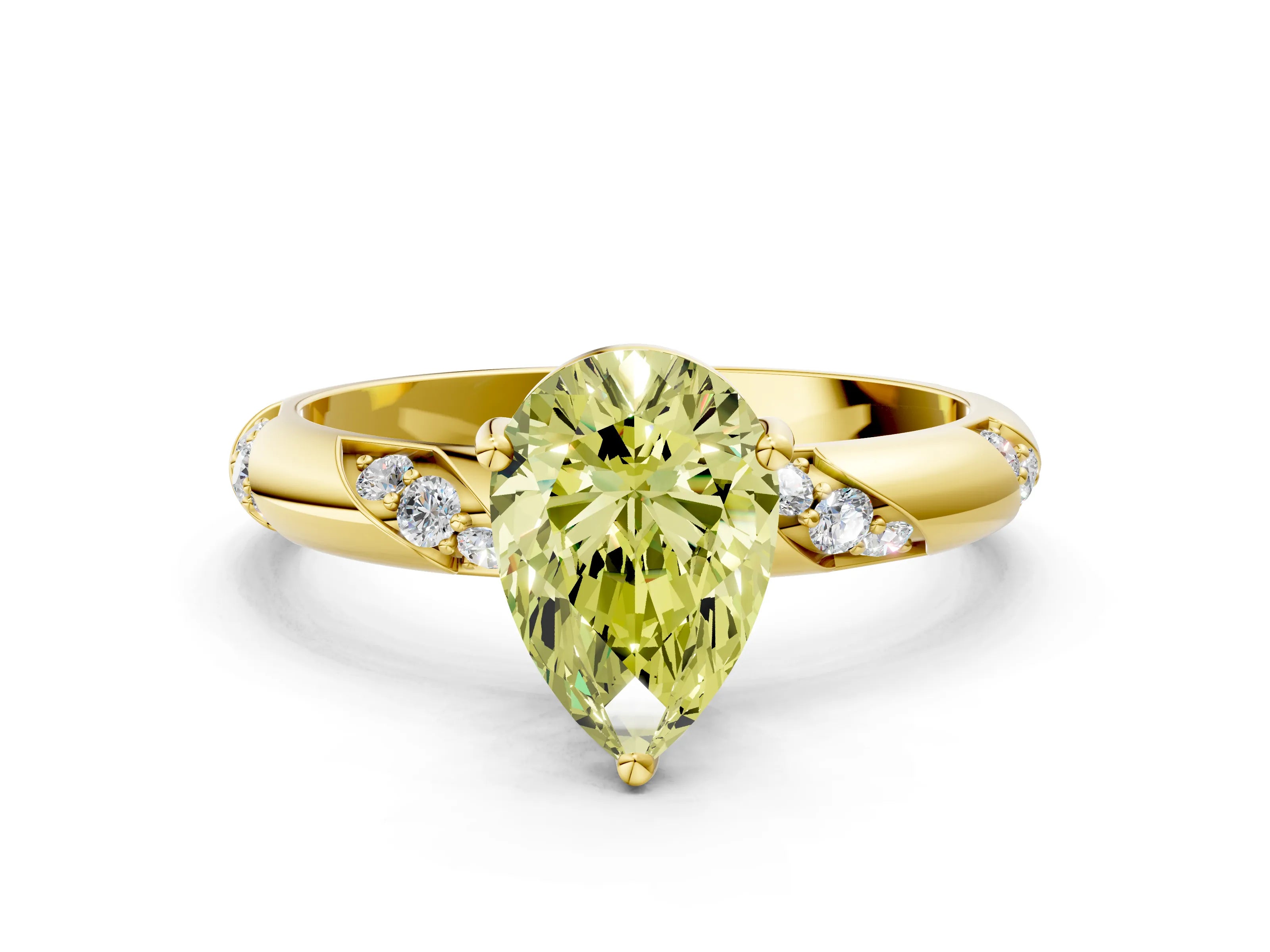 Yellow gold Fancy Yellow Pear Cut Solitaire Diamond Engagement Ring with Twisted Pave Band and Four-Prong Setting_3