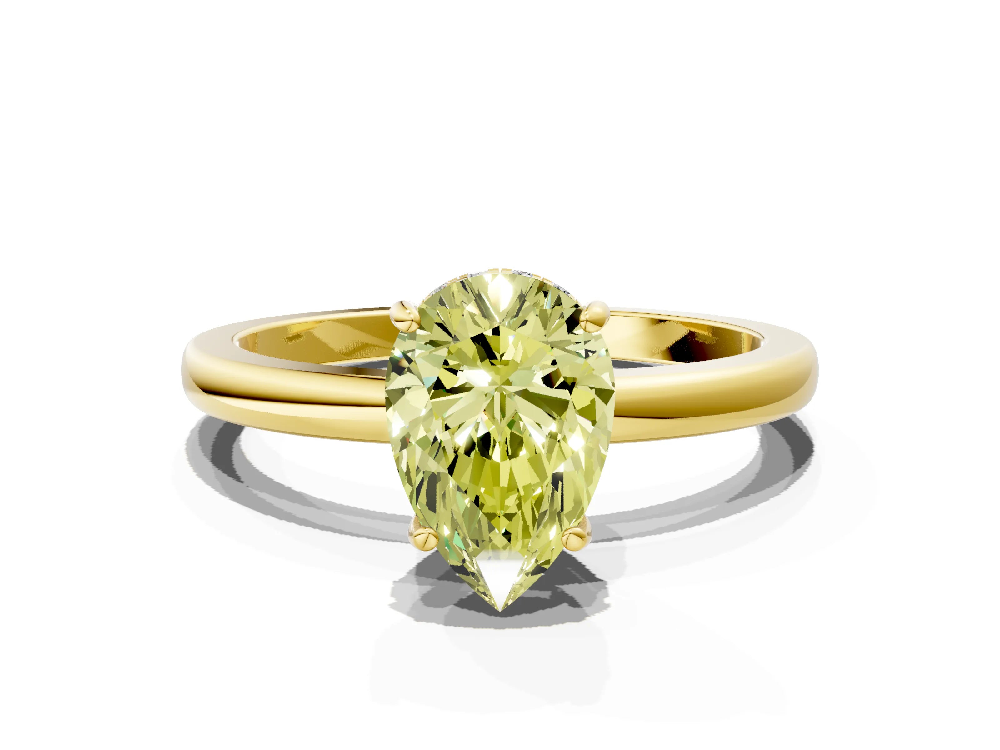 Yellow gold Fancy Yellow Pear Cut Solitaire Diamond Ring with Prong Setting and Plain Band