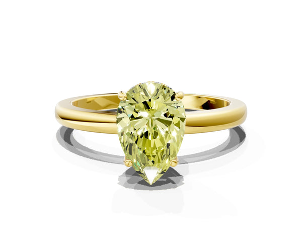 Yellow gold Fancy Yellow Pear Cut Solitaire Diamond Ring with Prong Setting and Plain Band