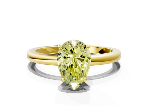 Yellow gold Fancy Yellow Pear Cut Solitaire Diamond Ring with Prong Setting and Plain Band