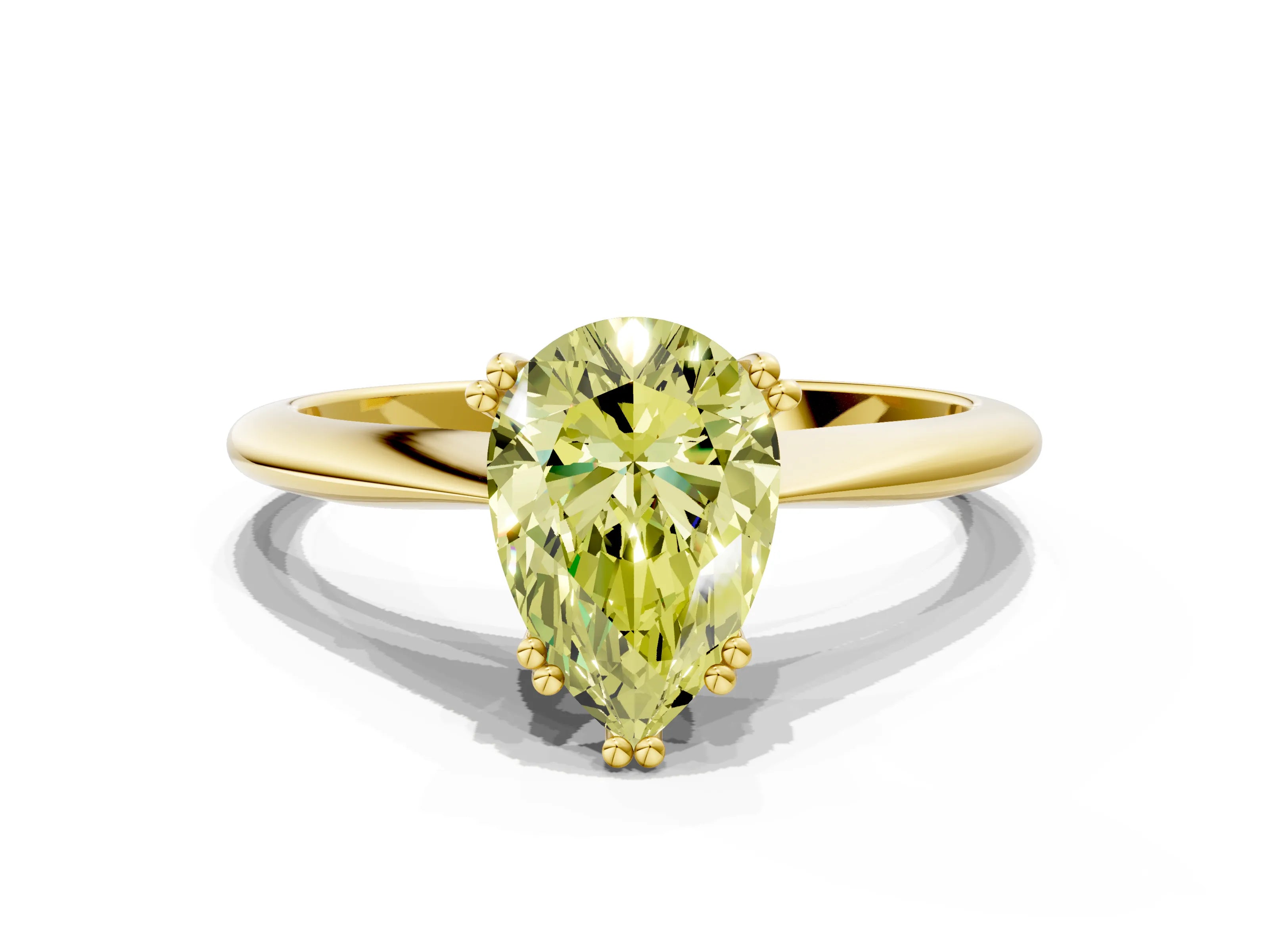 Yellow gold Fancy Yellow Pear Cut Solitaire Diamond Ring with Six-Prong Setting and Classic Band
