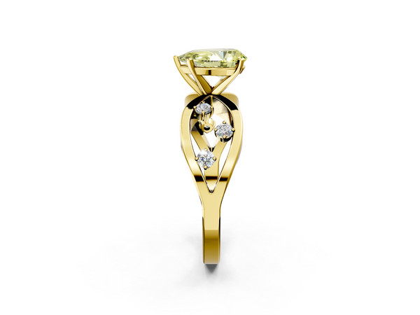 Yellow gold Fancy Yellow Pear  Cut Solitaire Diamond with Side Stones on Criss-Cross Band and Four-Prong Setting