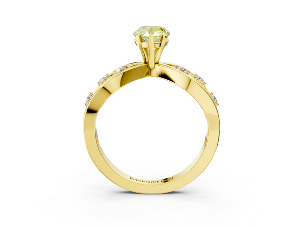 Yellow gold Fancy Yellow Pear  Cut Solitaire Diamond with Side Stones on Criss-Cross Band and Four-Prong Setting