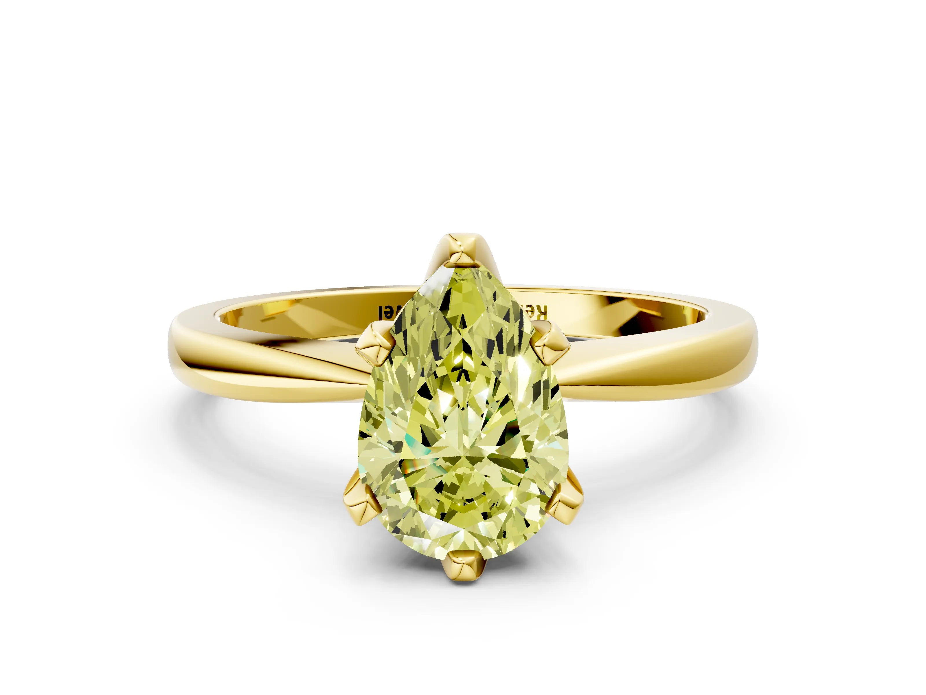 Yellow gold Fancy Yellow Pear Cut Solitaire Engagement Ring with Six-Prong Setting and Tapered Band